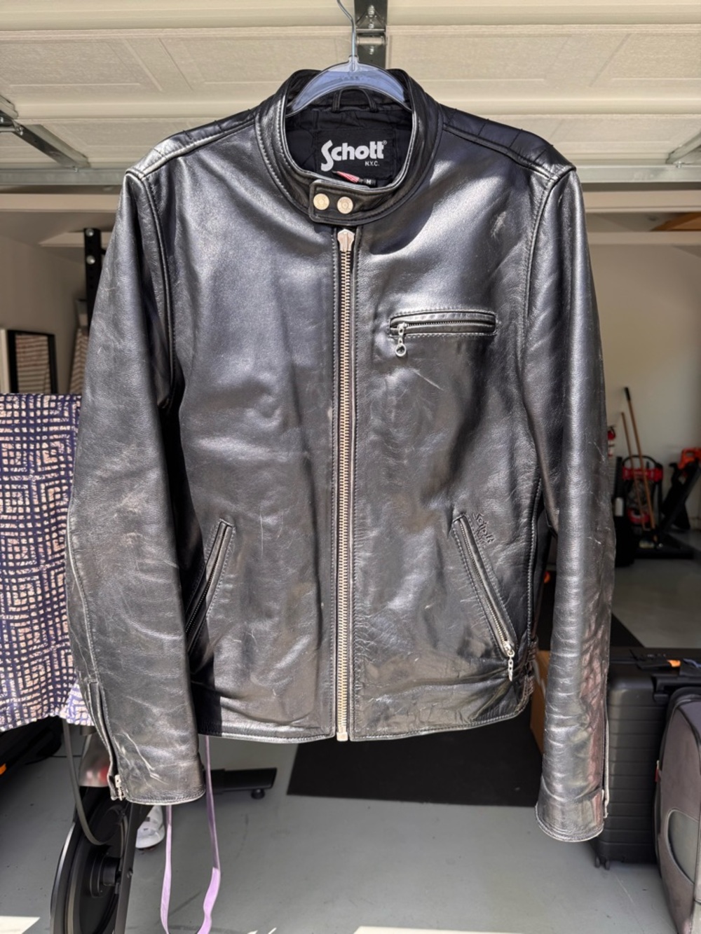 Schott NYC Black Leather Bomber Jacket cafe racer
